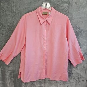 Liz Claiborne Blouse Womens Lg Pink 100% Linen Lizwear 3/4 Sleeve